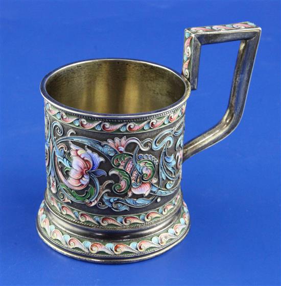 A late 19th/early 20th century Russian 84 zolotnik silver and cloisonne enamel tea glass holder, gross 6.5 oz.